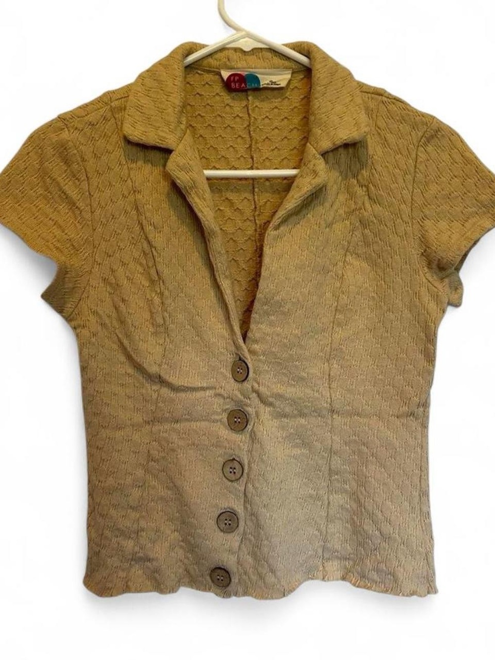 Short-Sleeve Textured Button-Front Top in Mustard